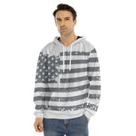 Grey Grunge American Flag Print Men's Velvet Pullover Hoodie