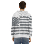 Grey Grunge American Flag Print Men's Velvet Pullover Hoodie