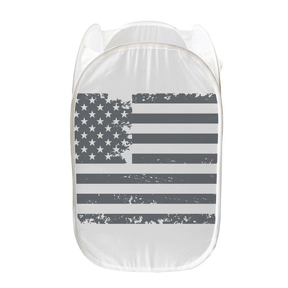 Grey Grunge American Flag Print Mesh Laundry Hamper