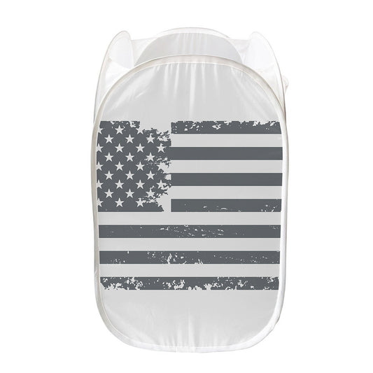 Grey Grunge American Flag Print Mesh Laundry Hamper