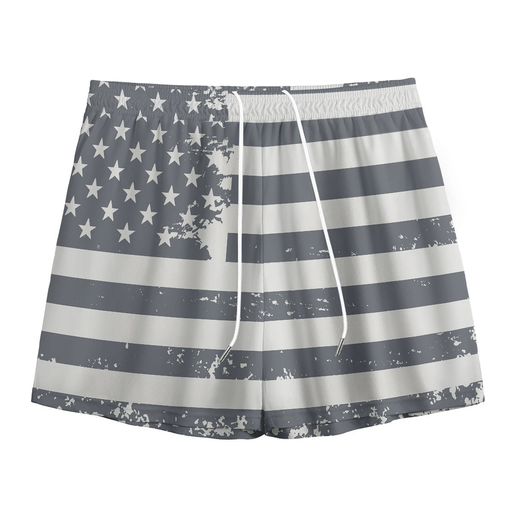 Grey Grunge American Flag Print Mesh Shorts