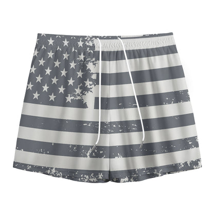 Grey Grunge American Flag Print Mesh Shorts