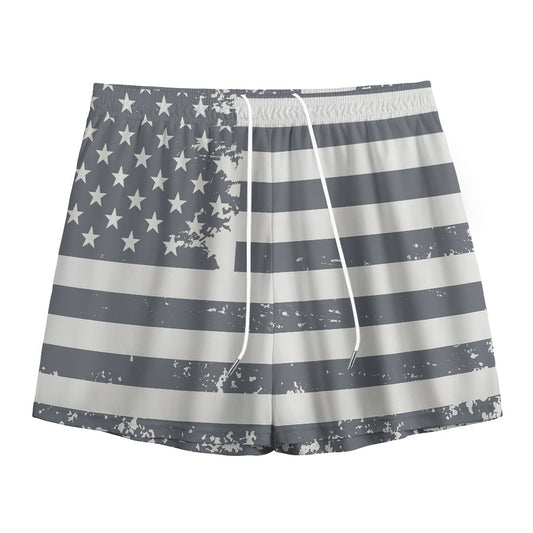 Grey Grunge American Flag Print Mesh Shorts