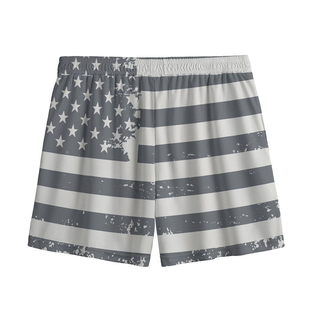 Grey Grunge American Flag Print Mesh Shorts