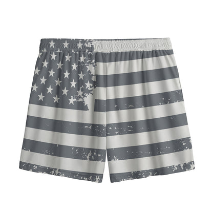 Grey Grunge American Flag Print Mesh Shorts