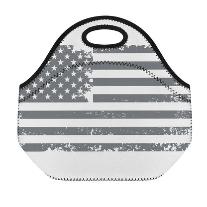 Grey Grunge American Flag Print Neoprene Lunch Bag