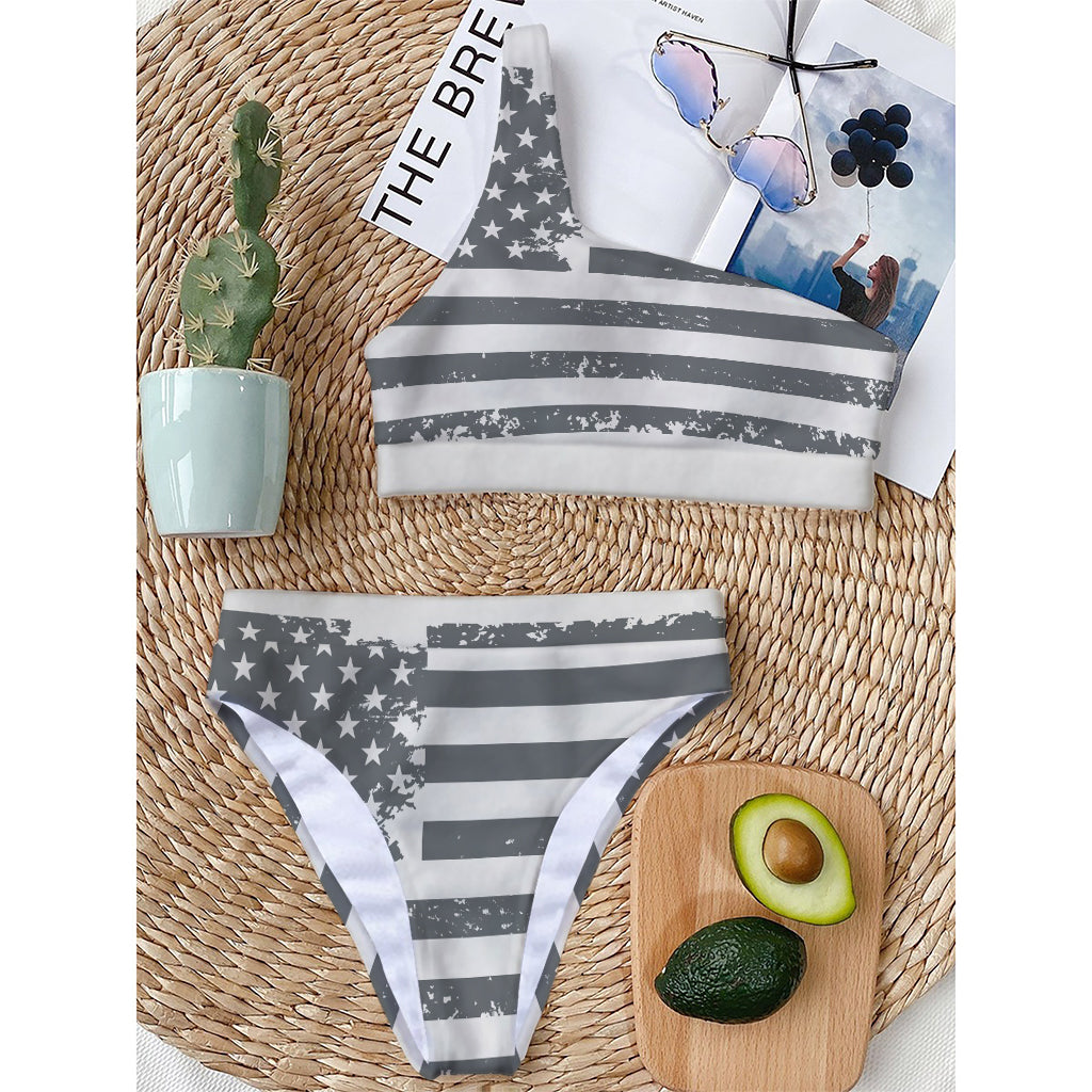 Grey Grunge American Flag Print One Shoulder Bikini Top