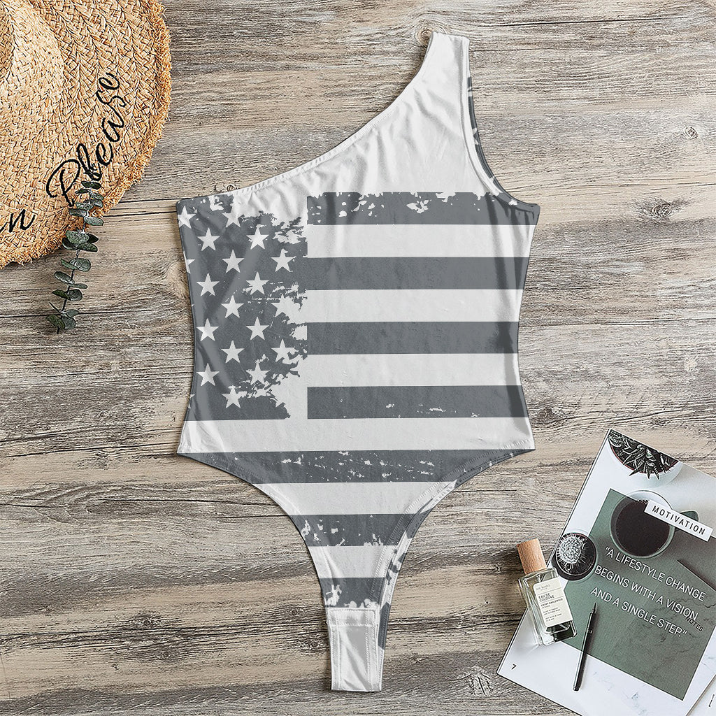 Grey Grunge American Flag Print One Shoulder Bodysuit