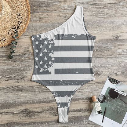 Grey Grunge American Flag Print One Shoulder Bodysuit