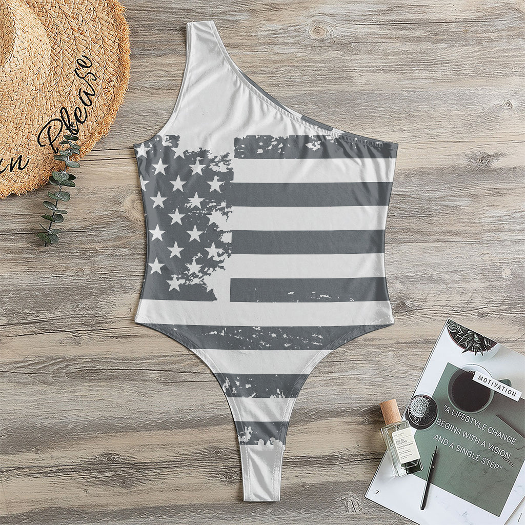 Grey Grunge American Flag Print One Shoulder Bodysuit