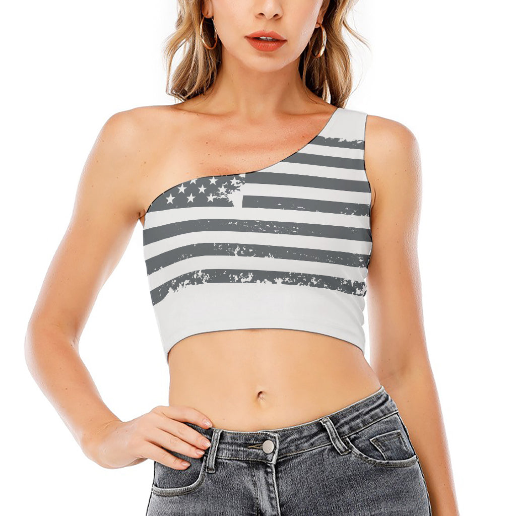 Grey Grunge American Flag Print One Shoulder Crop Top