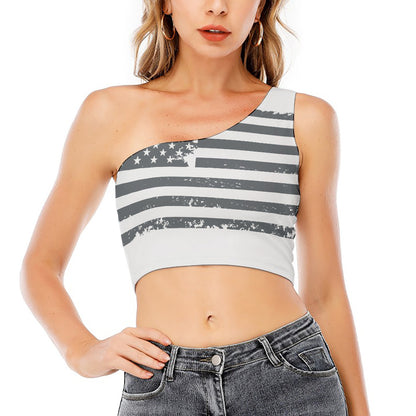 Grey Grunge American Flag Print One Shoulder Crop Top