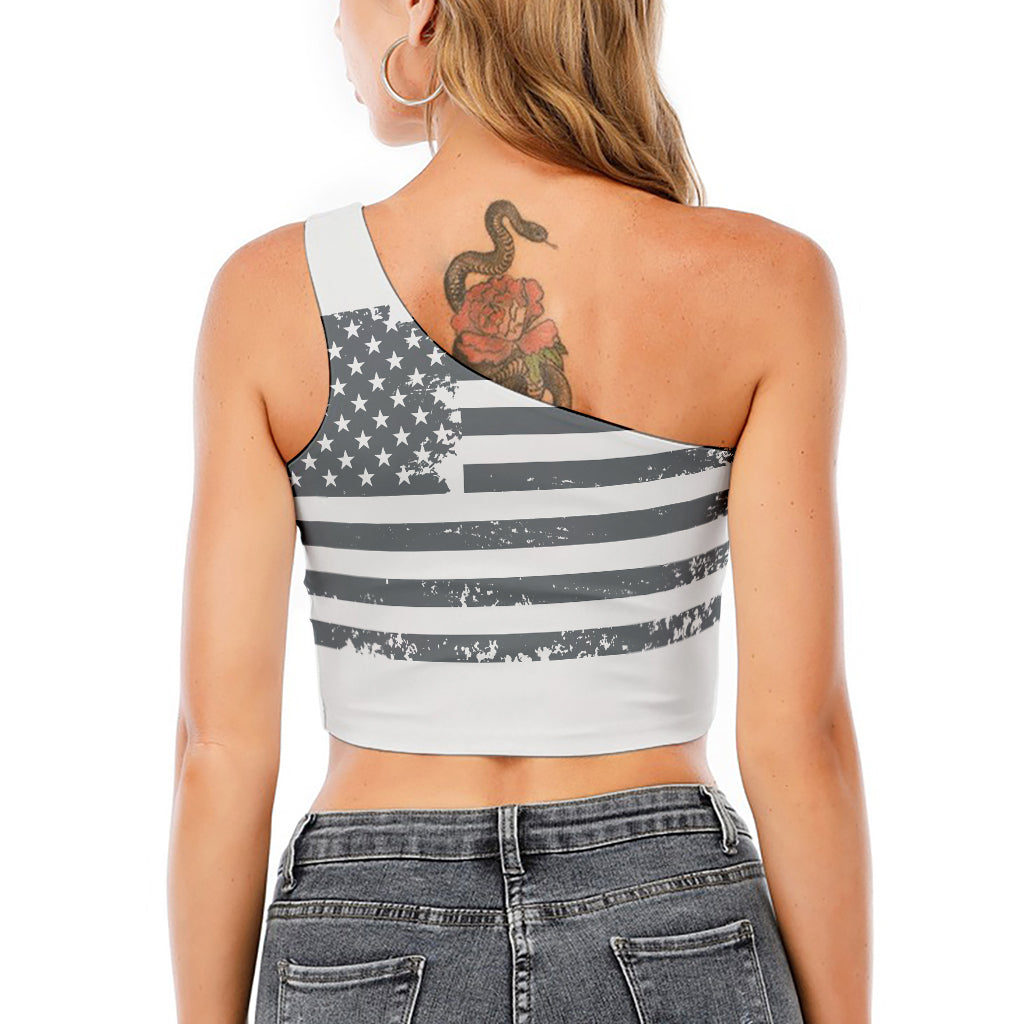 Grey Grunge American Flag Print One Shoulder Crop Top