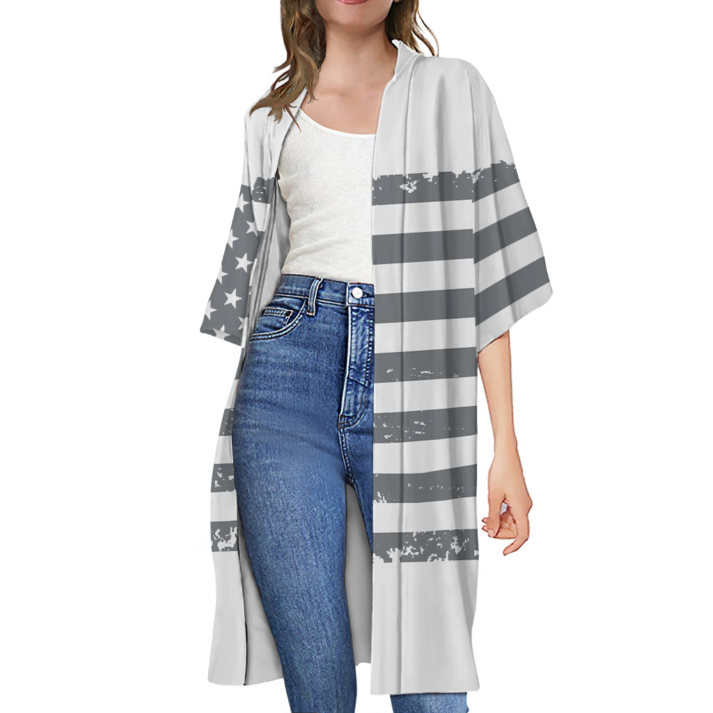 Grey Grunge American Flag Print Open Front Beach Cover Up
