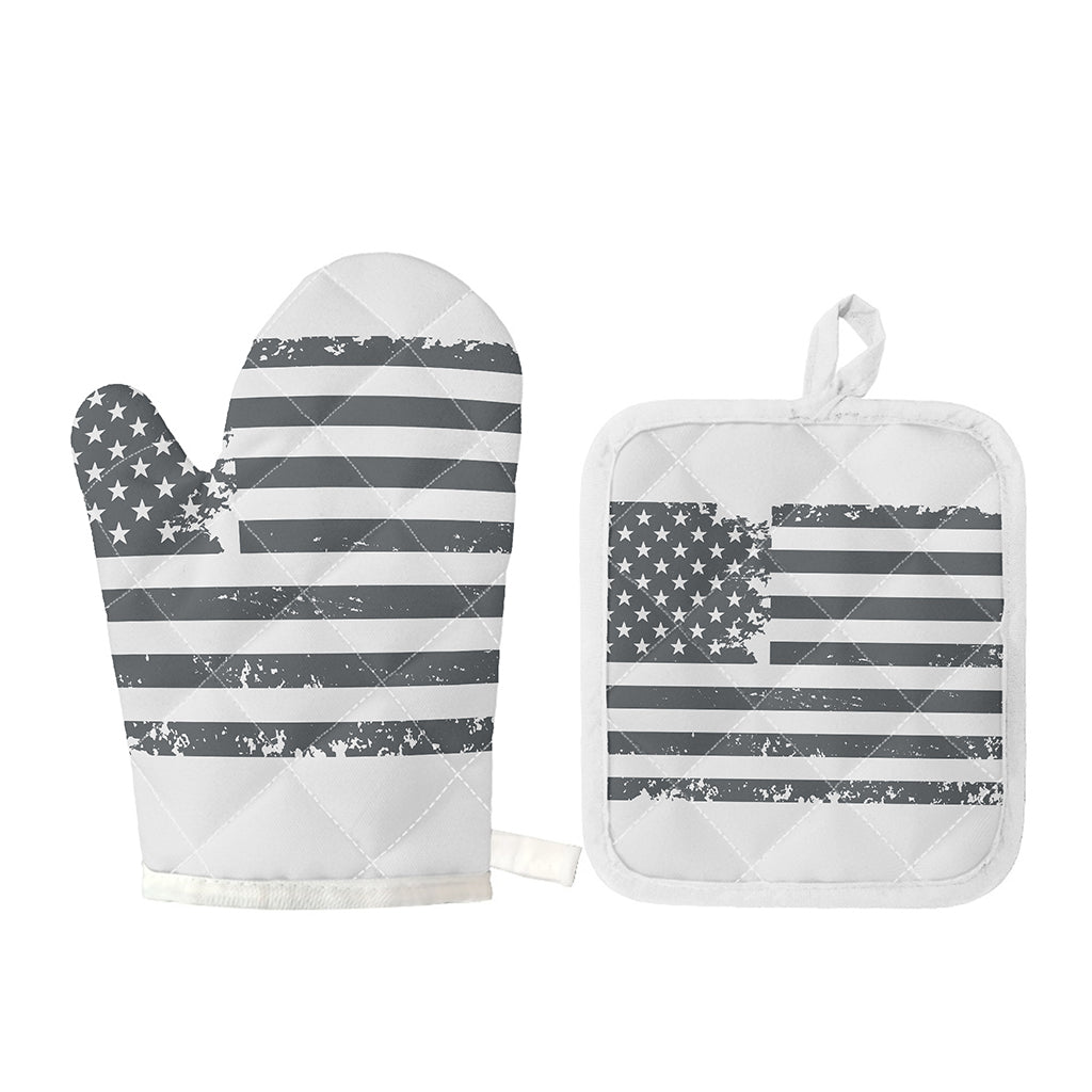 Grey Grunge American Flag Print Oven Mitt And Pot Holder Set