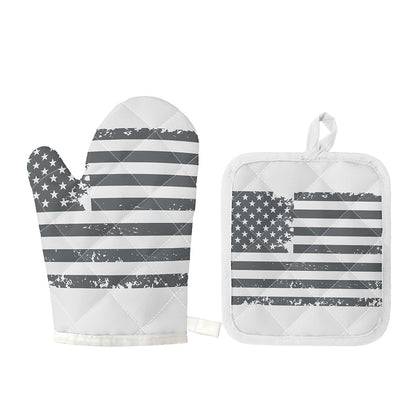 Grey Grunge American Flag Print Oven Mitt And Pot Holder Set