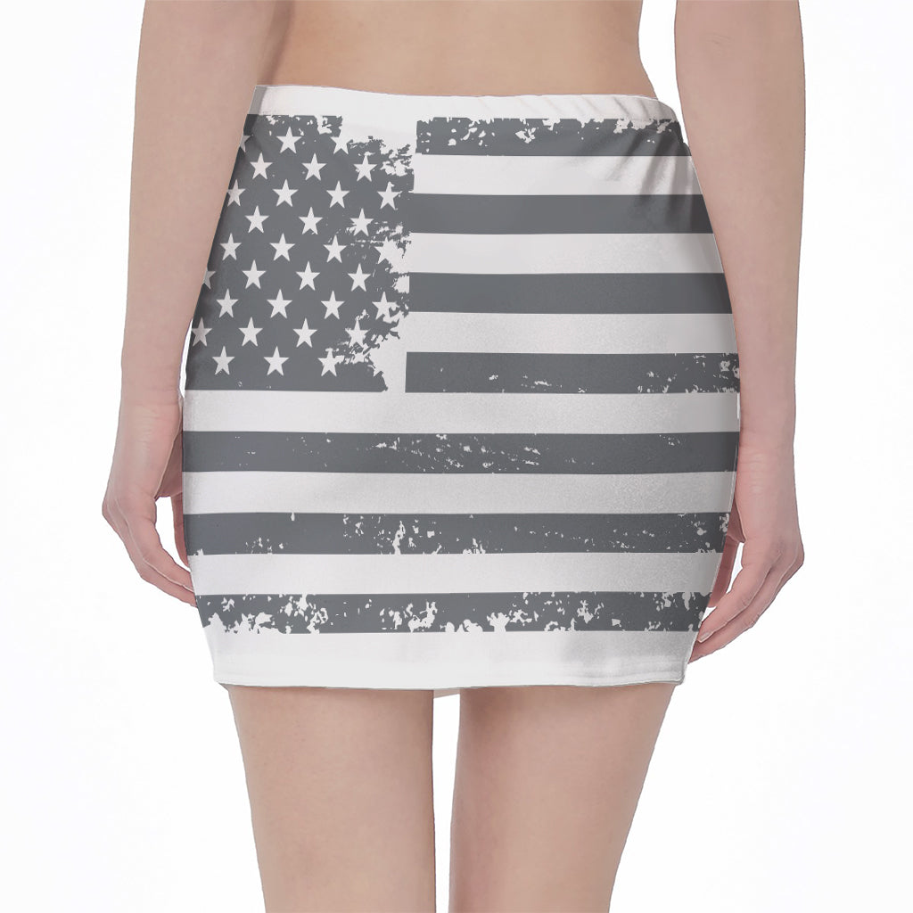 Grey Grunge American Flag Print Pencil Mini Skirt