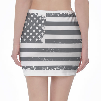 Grey Grunge American Flag Print Pencil Mini Skirt