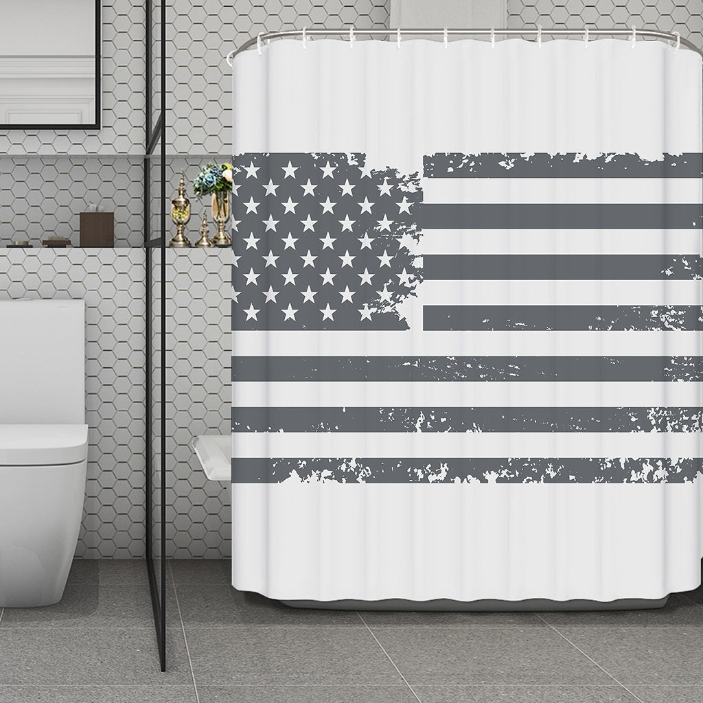 Grey Grunge American Flag Print Polyester Shower Curtain