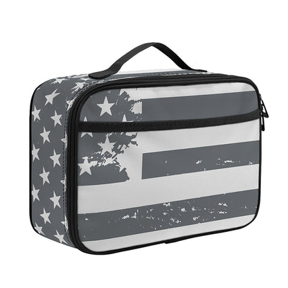 Grey Grunge American Flag Print Portable Lunch Bag