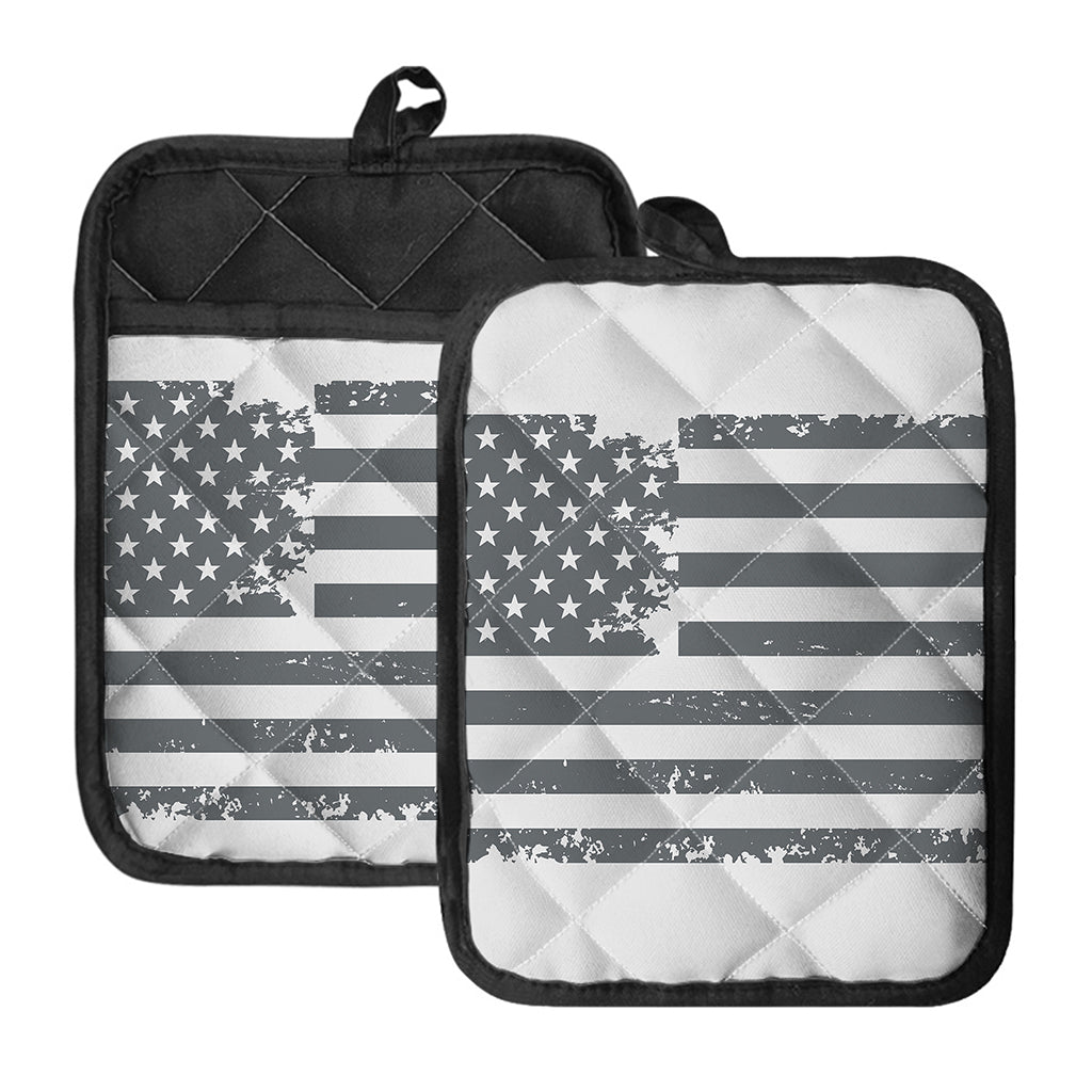 Grey Grunge American Flag Print Pot Holders With Pocket