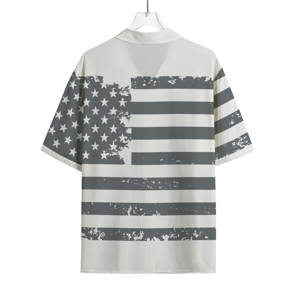 Grey Grunge American Flag Print Rayon Hawaiian Shirt