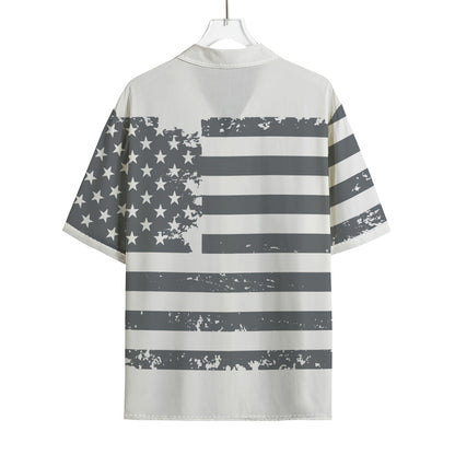 Grey Grunge American Flag Print Rayon Hawaiian Shirt