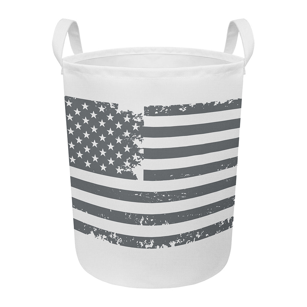 Grey Grunge American Flag Print Round Laundry Basket