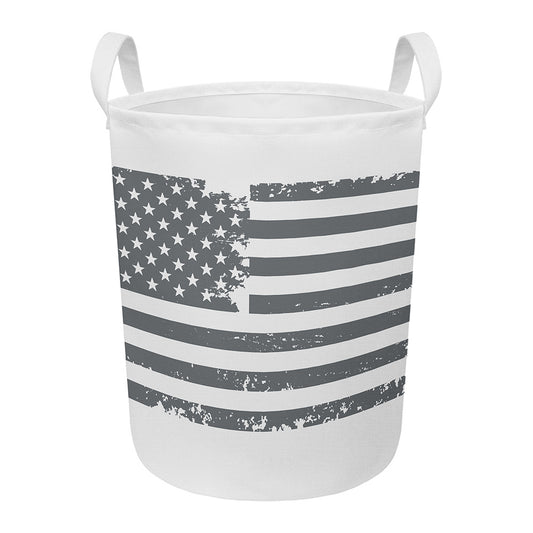 Grey Grunge American Flag Print Round Laundry Basket