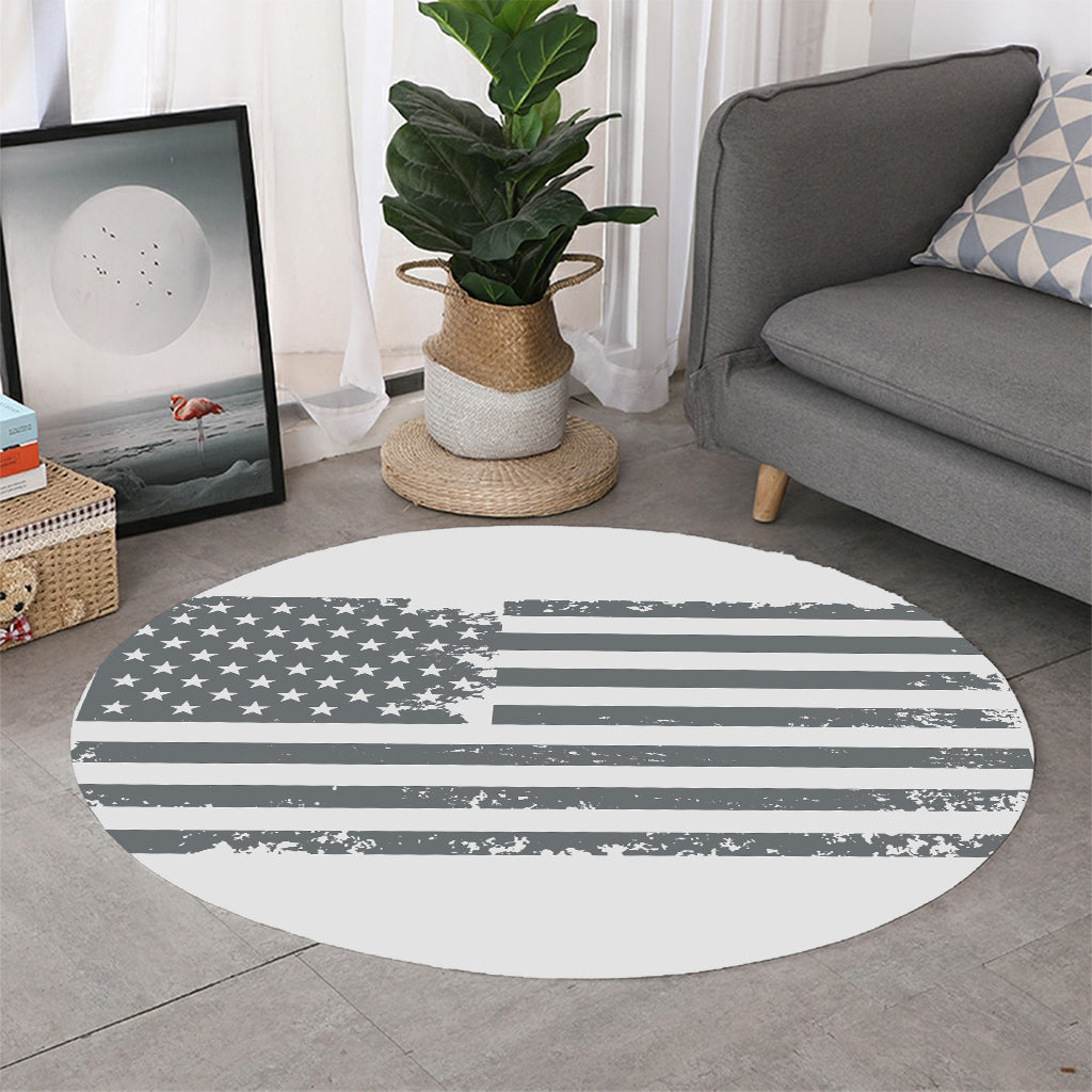 Grey Grunge American Flag Print Round Rug