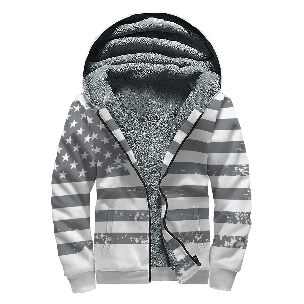 Grey Grunge American Flag Print Sherpa Lined Zip Up Hoodie