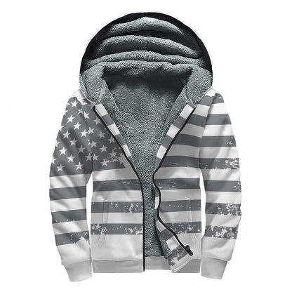 Grey Grunge American Flag Print Sherpa Lined Zip Up Hoodie