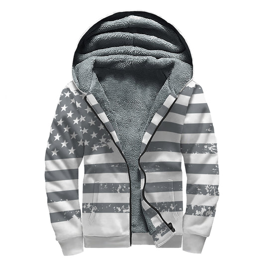 Grey Grunge American Flag Print Sherpa Lined Zip Up Hoodie