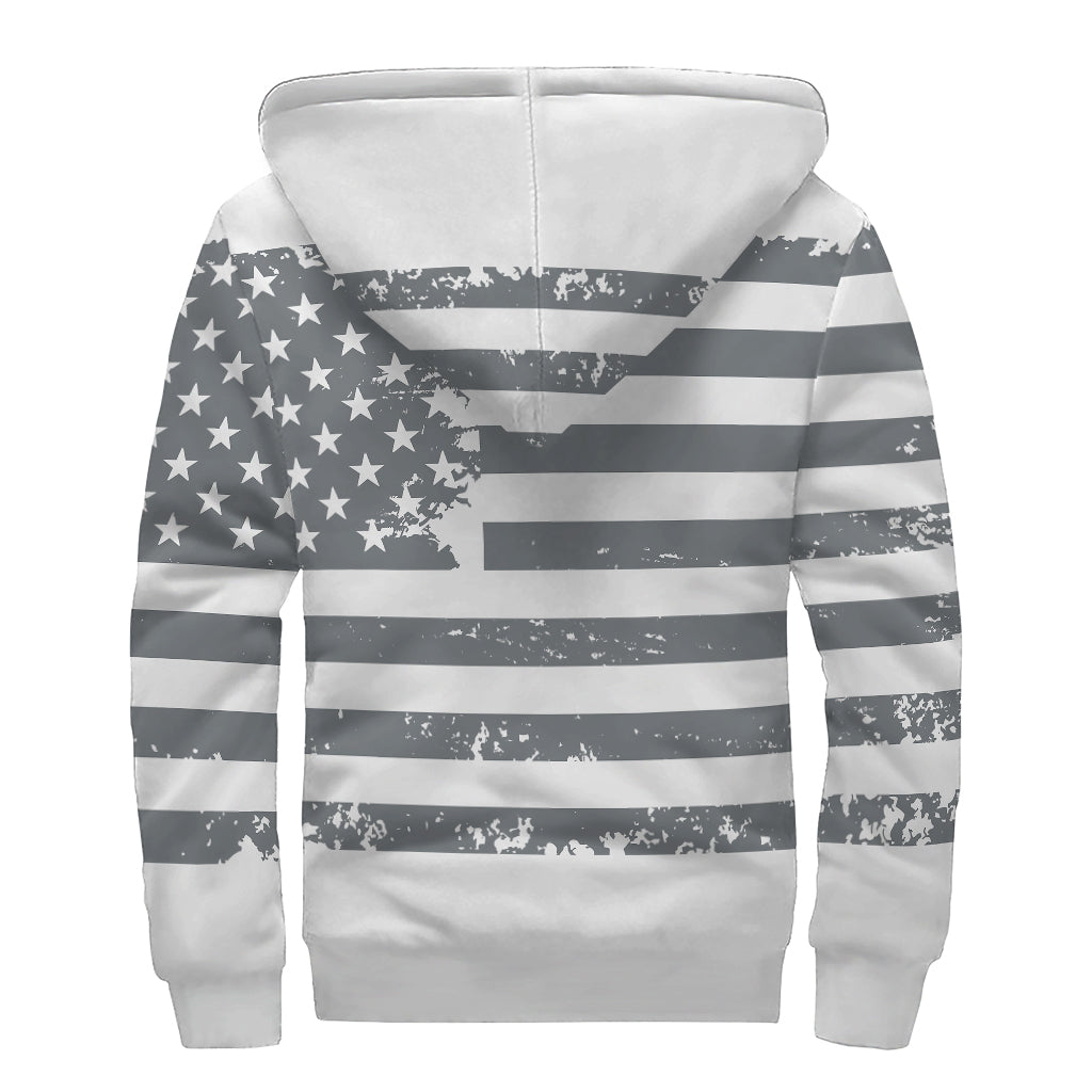 Grey Grunge American Flag Print Sherpa Lined Zip Up Hoodie