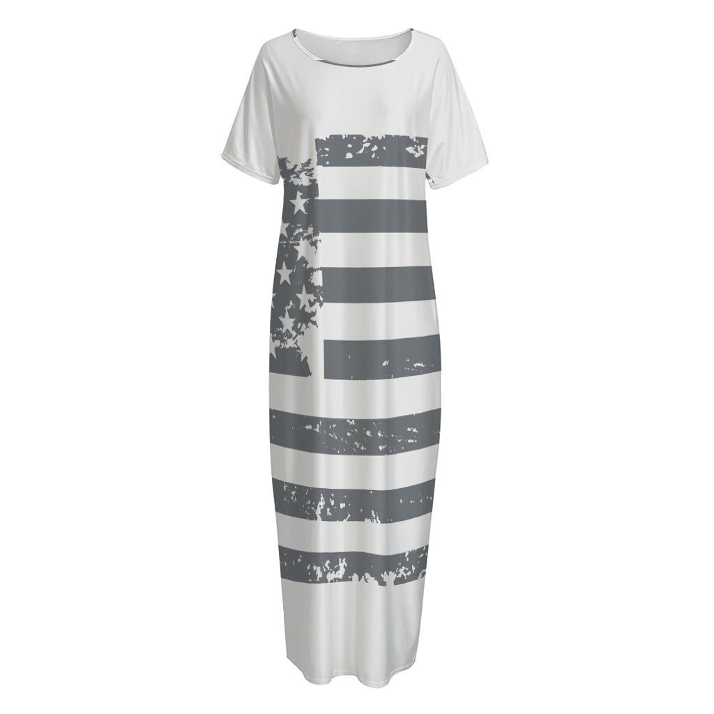 Grey Grunge American Flag Print Short Sleeve Long Nightdress