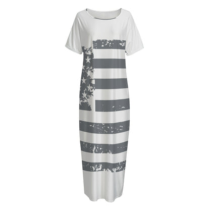 Grey Grunge American Flag Print Short Sleeve Long Nightdress