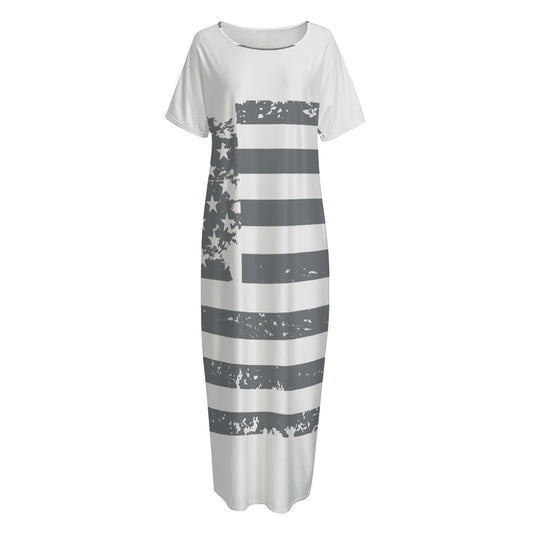 Grey Grunge American Flag Print Short Sleeve Long Nightdress