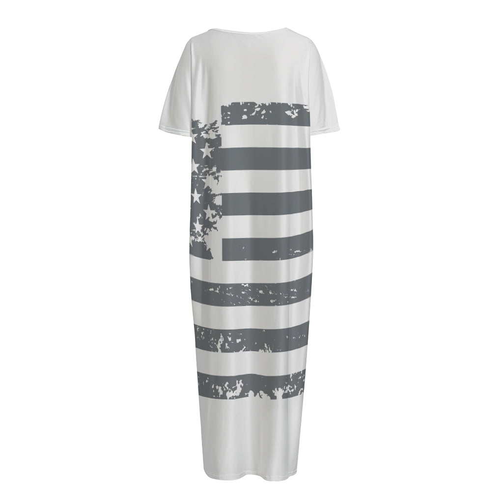 Grey Grunge American Flag Print Short Sleeve Long Nightdress