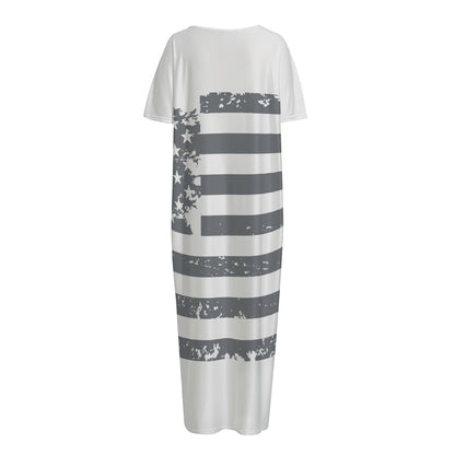 Grey Grunge American Flag Print Short Sleeve Long Nightdress