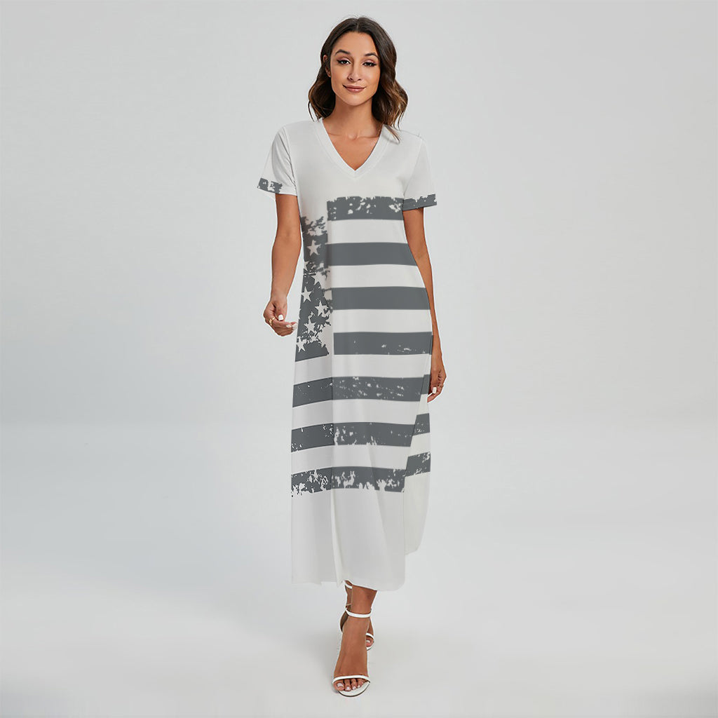 Grey Grunge American Flag Print Short Sleeve Maxi Dress