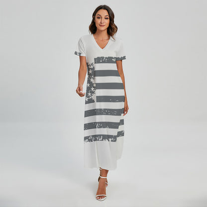 Grey Grunge American Flag Print Short Sleeve Maxi Dress