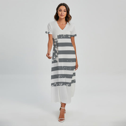 Grey Grunge American Flag Print Short Sleeve Maxi Dress