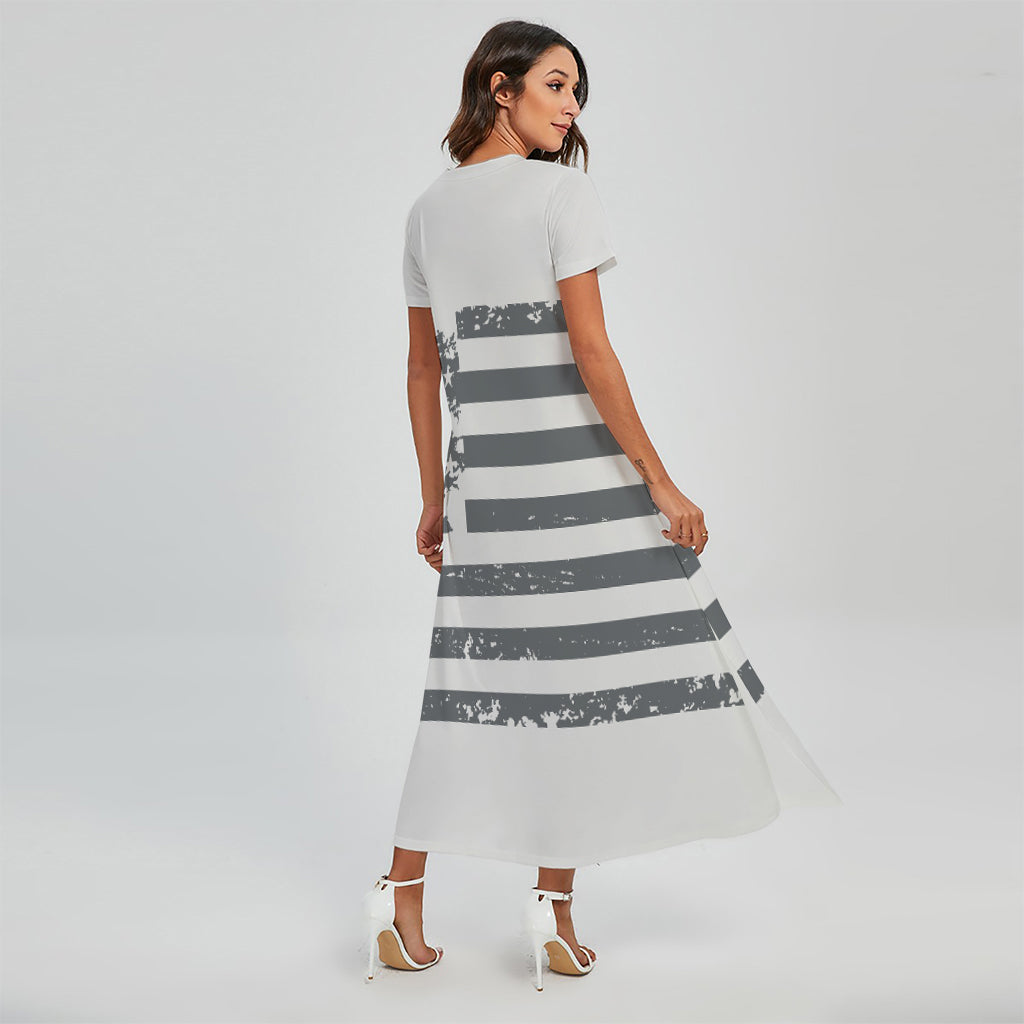 Grey Grunge American Flag Print Short Sleeve Maxi Dress