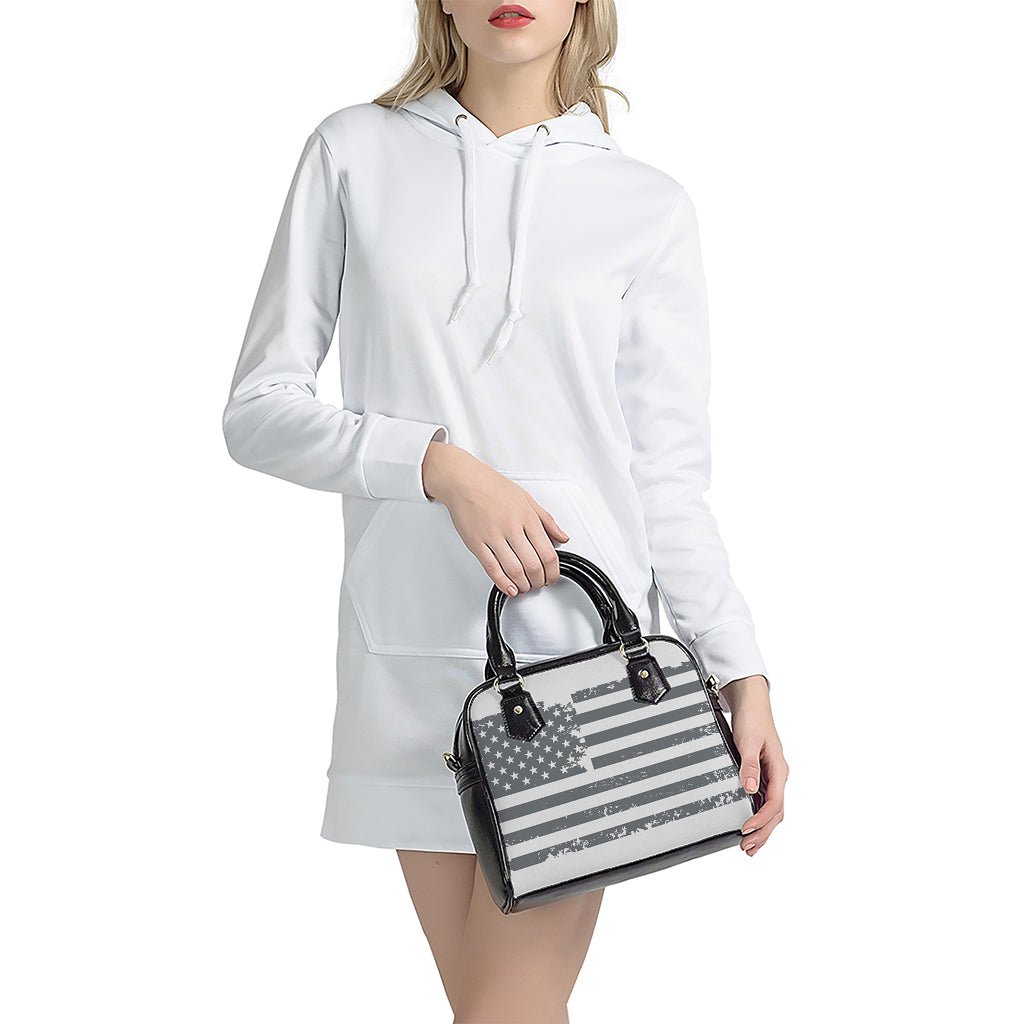 Grey Grunge American Flag Print Shoulder Handbag