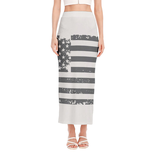 Grey Grunge American Flag Print Side Slit Maxi Skirt