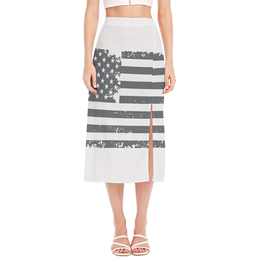 Grey Grunge American Flag Print Side Slit Midi Skirt
