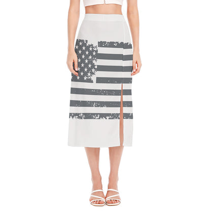Grey Grunge American Flag Print Side Slit Midi Skirt