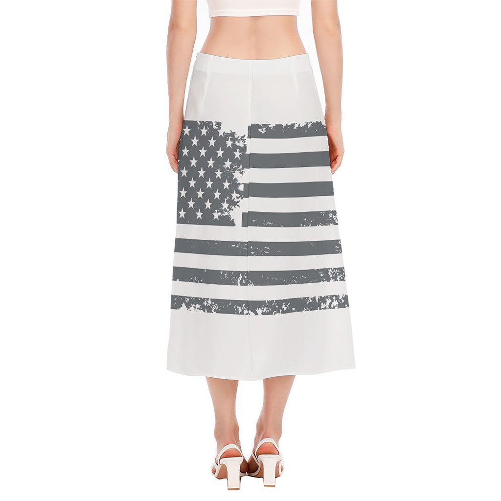 Grey Grunge American Flag Print Side Slit Midi Skirt