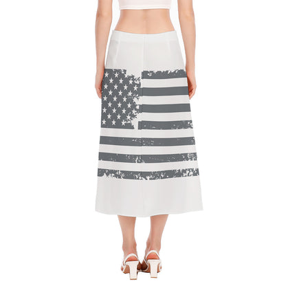 Grey Grunge American Flag Print Side Slit Midi Skirt
