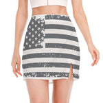 Grey Grunge American Flag Print Side Slit Mini Skirt
